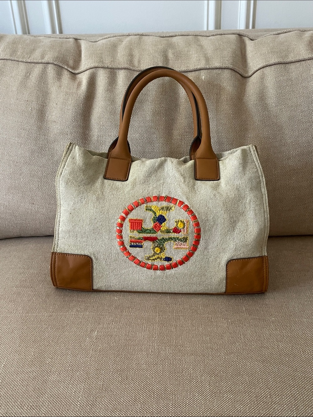 Tory Burch Canvas Tote with Multicolor Embroidered Medallion & Tan Trim - Picture 1 of 10